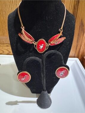 Vintage Modernist Frank Rebajes Copper Enamel Necklace and Matching Earrings